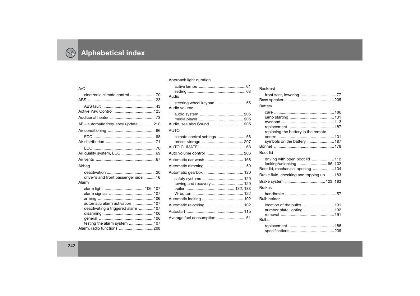 Alphabetical index | Volvo C70 User Manual | Page 243 / 251