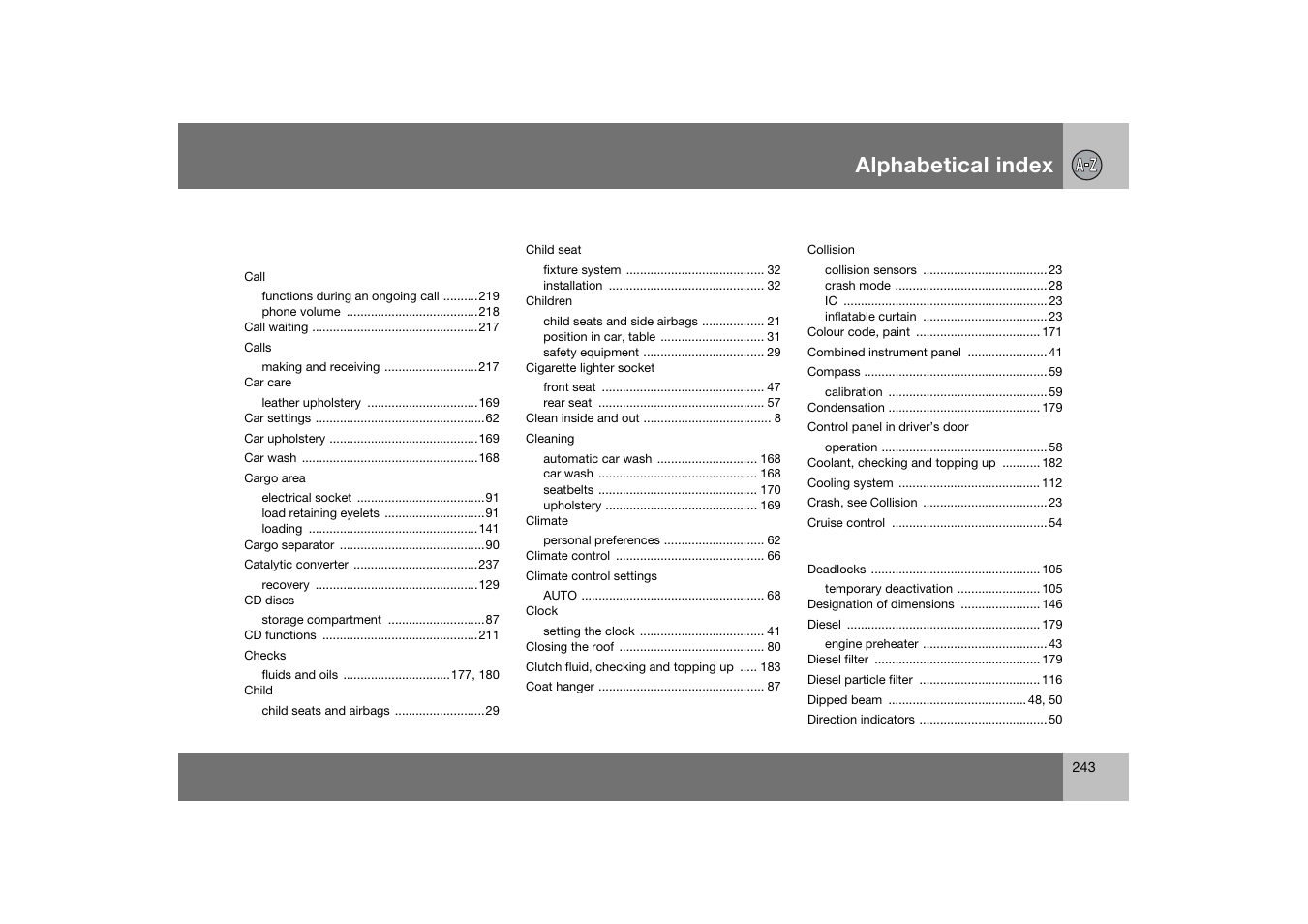 Alphabetical index | Volvo C70 User Manual | Page 244 / 251