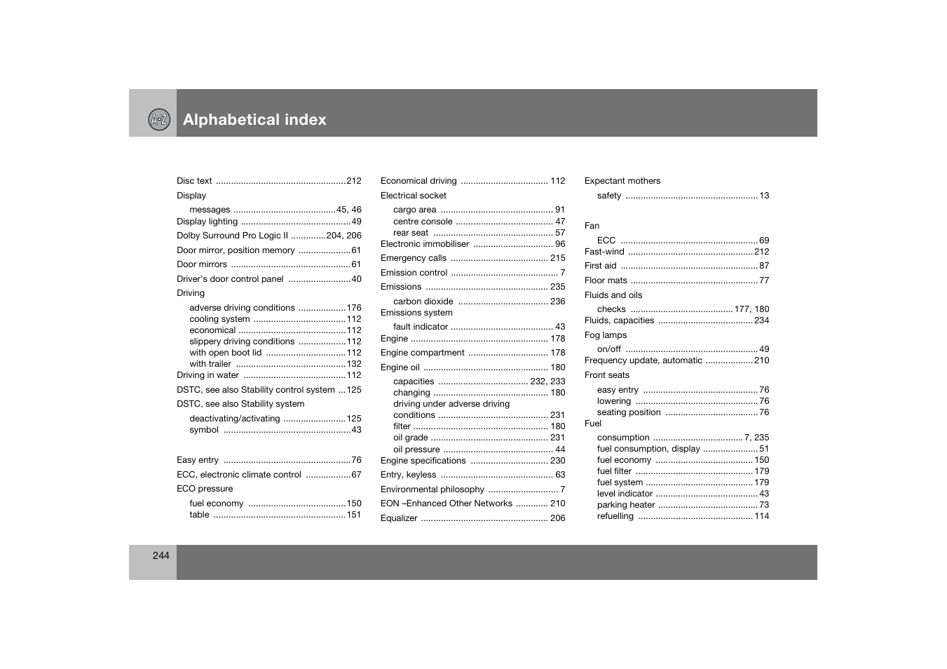 Alphabetical index | Volvo C70 User Manual | Page 245 / 251