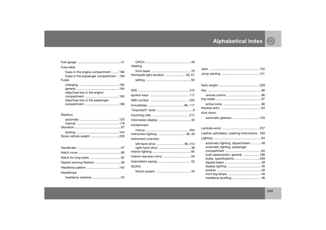 Alphabetical index | Volvo C70 User Manual | Page 246 / 251