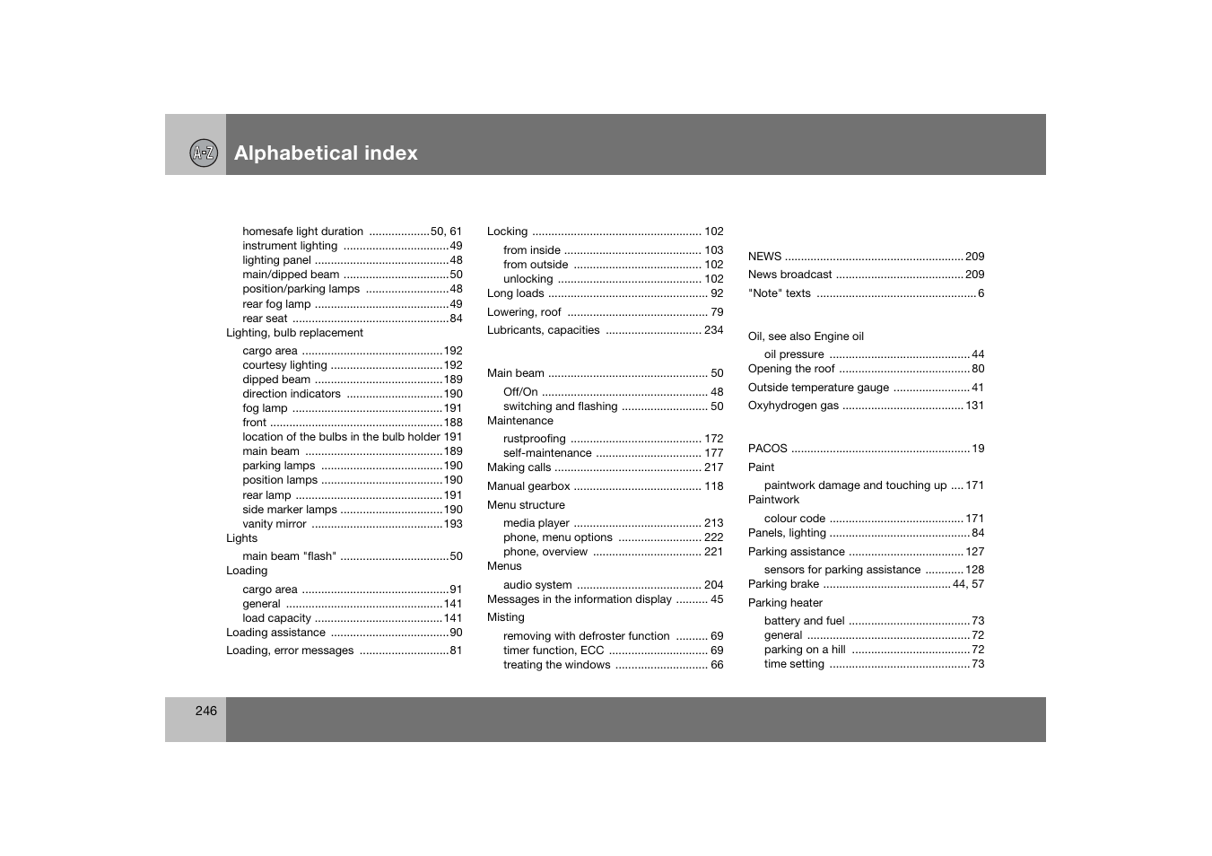 Alphabetical index | Volvo C70 User Manual | Page 247 / 251