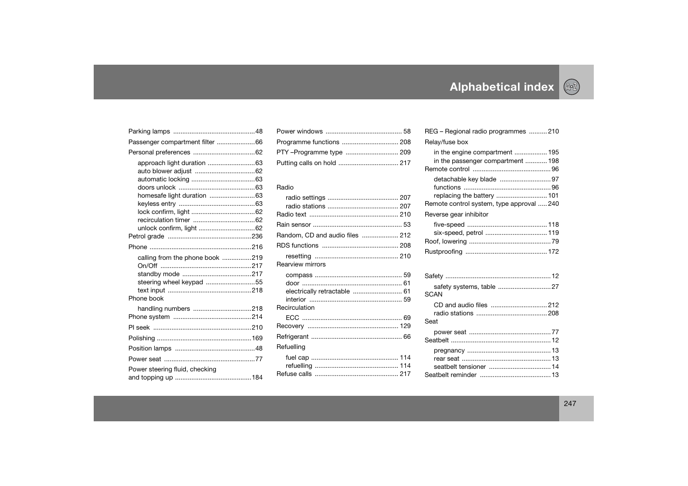 Alphabetical index | Volvo C70 User Manual | Page 248 / 251