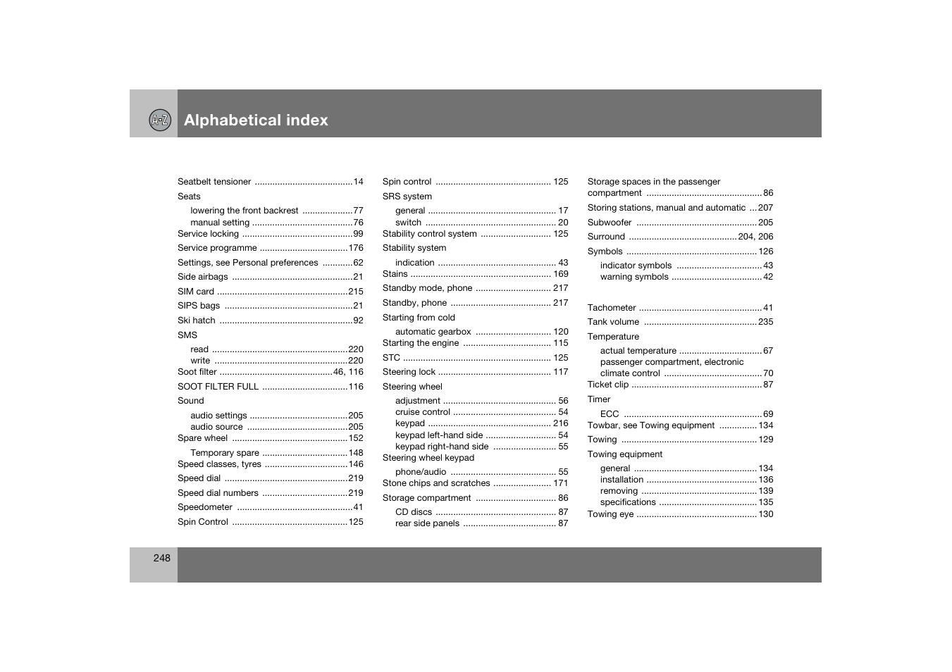 Alphabetical index | Volvo C70 User Manual | Page 249 / 251