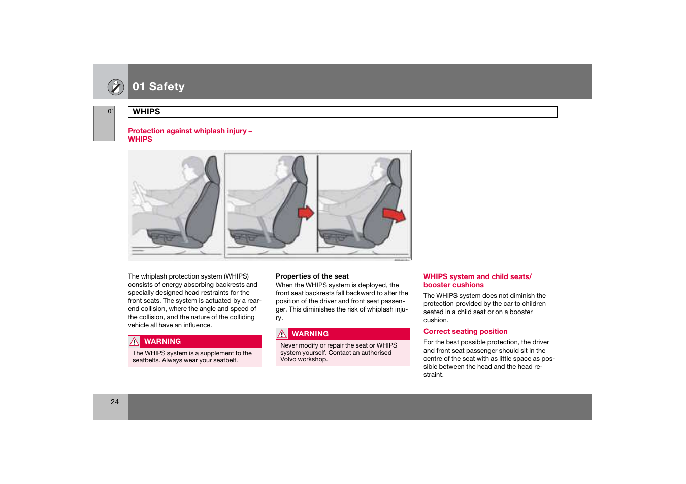 Protection against whiplash injury - whips, Whips system and child seats/ booster cushions, Whips | 01 safety | Volvo C70 User Manual | Page 25 / 251