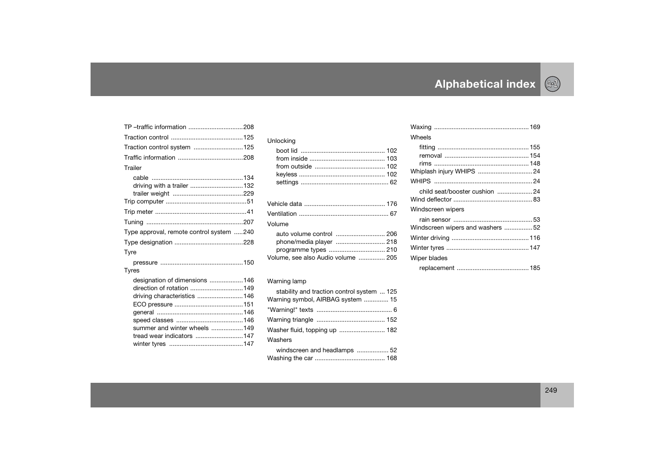 Alphabetical index | Volvo C70 User Manual | Page 250 / 251