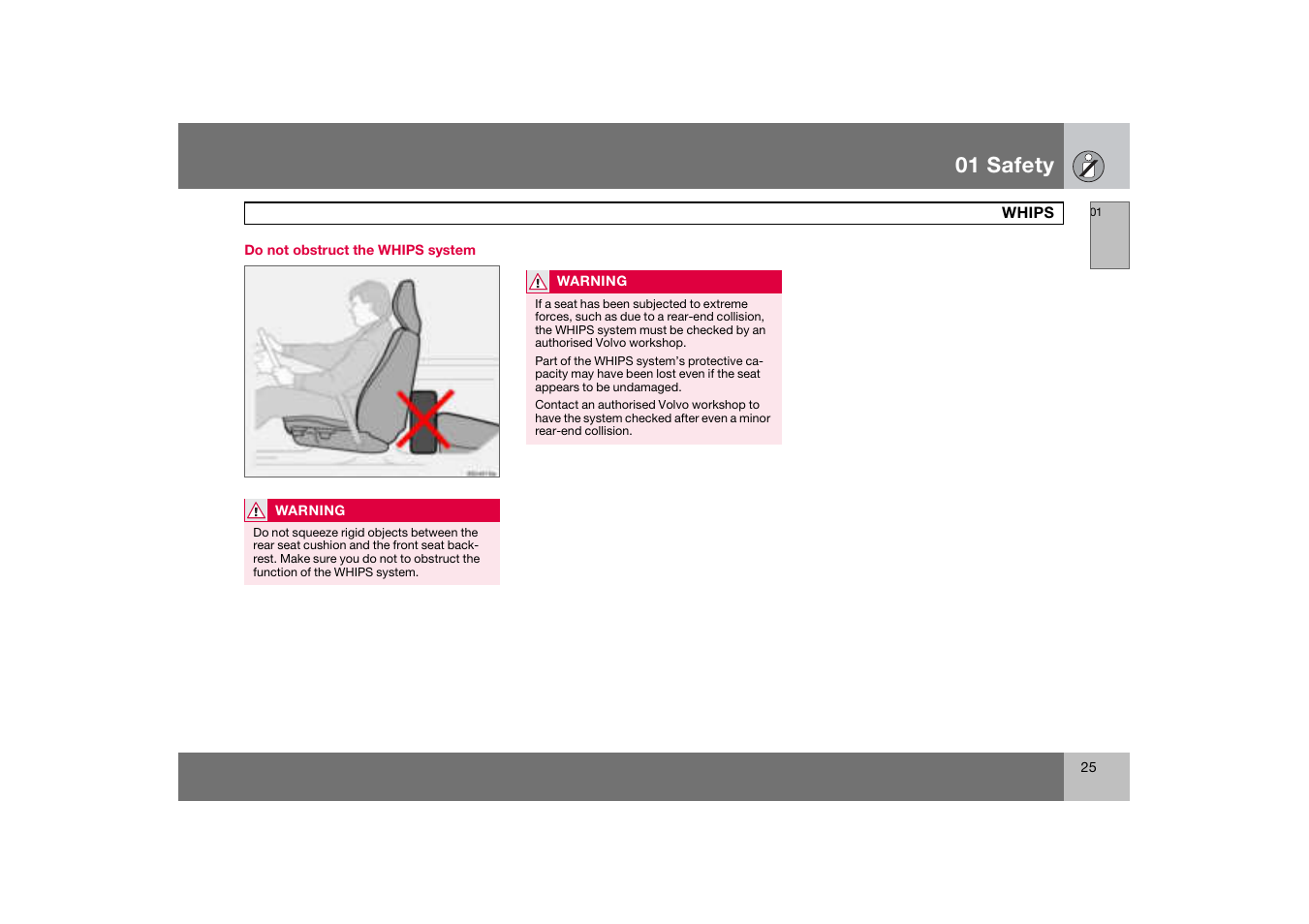 Do not obstruct the whips system, 01 safety | Volvo C70 User Manual | Page 26 / 251