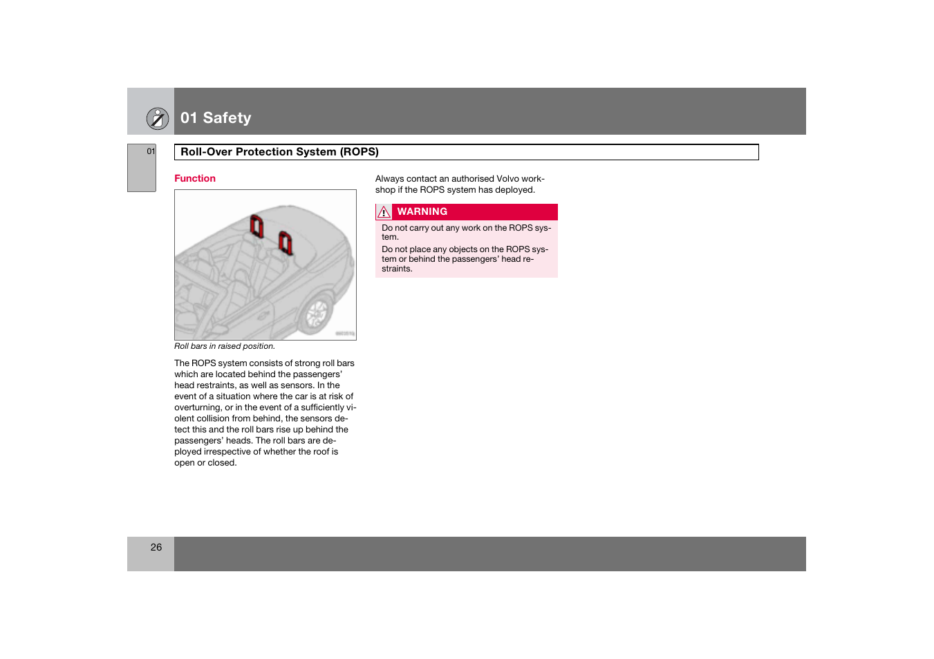 Function, Roll-over protection system (rops) 26, Roll-over protection system (rops) | 01 safety | Volvo C70 User Manual | Page 27 / 251