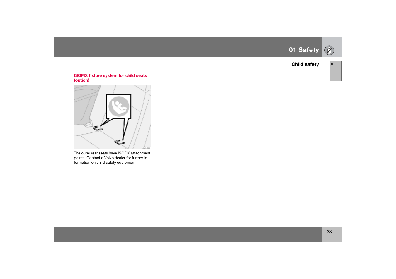 Isofix fixture system for child seats (option), 01 safety | Volvo C70 User Manual | Page 34 / 251