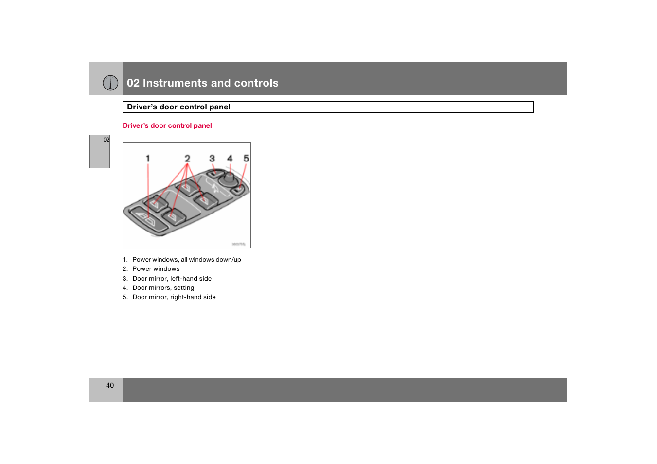 Driver’s door control panel, 02 instruments and controls | Volvo C70 User Manual | Page 41 / 251