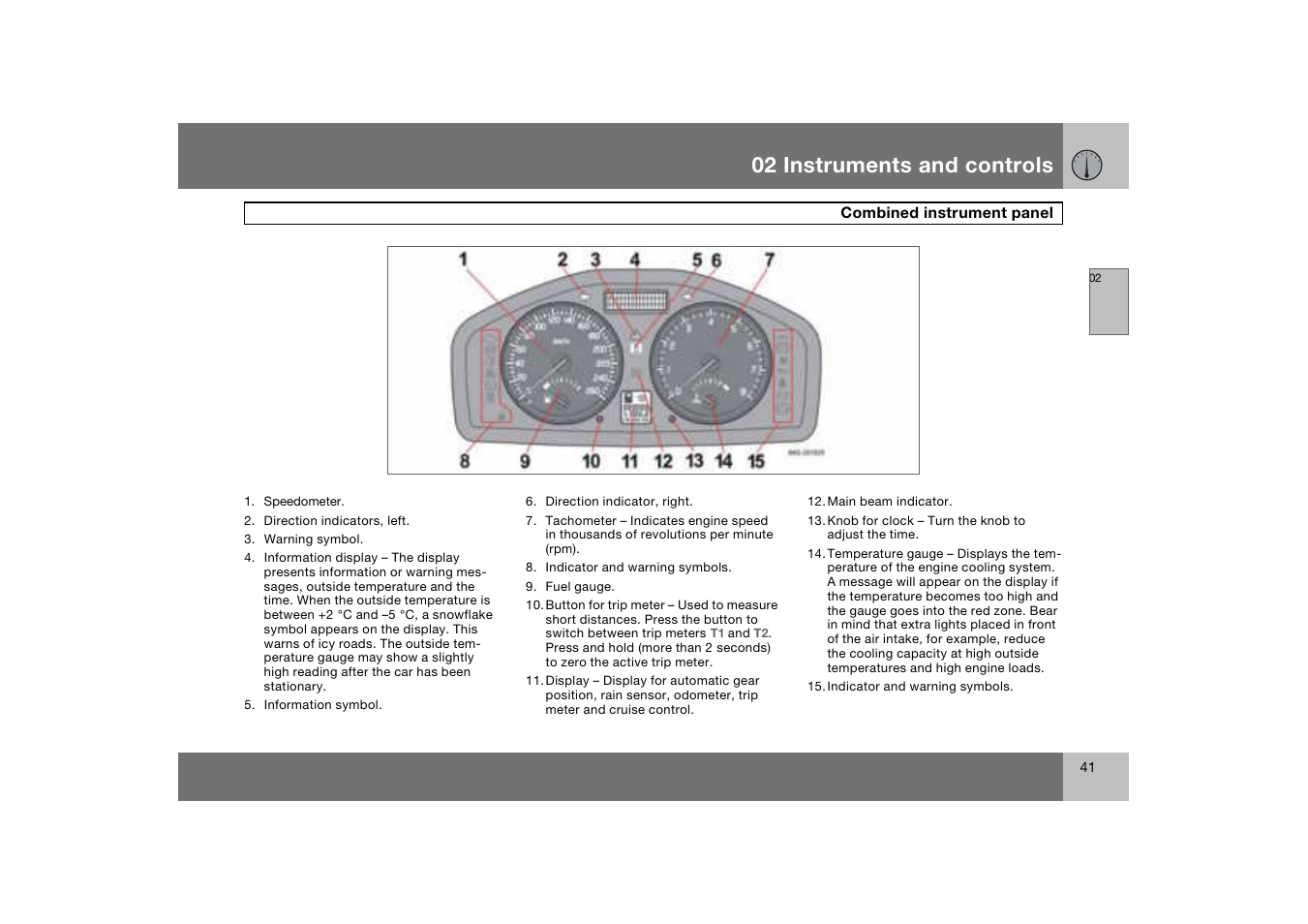 Combined instrument panel, 02 instruments and controls | Volvo C70 User Manual | Page 42 / 251