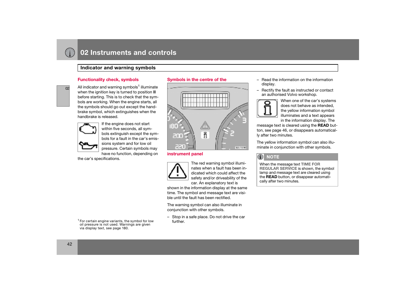 Functionality check, symbols, Symbols in the centre of the instrument panel, Indicator and warning symbols | 02 instruments and controls | Volvo C70 User Manual | Page 43 / 251