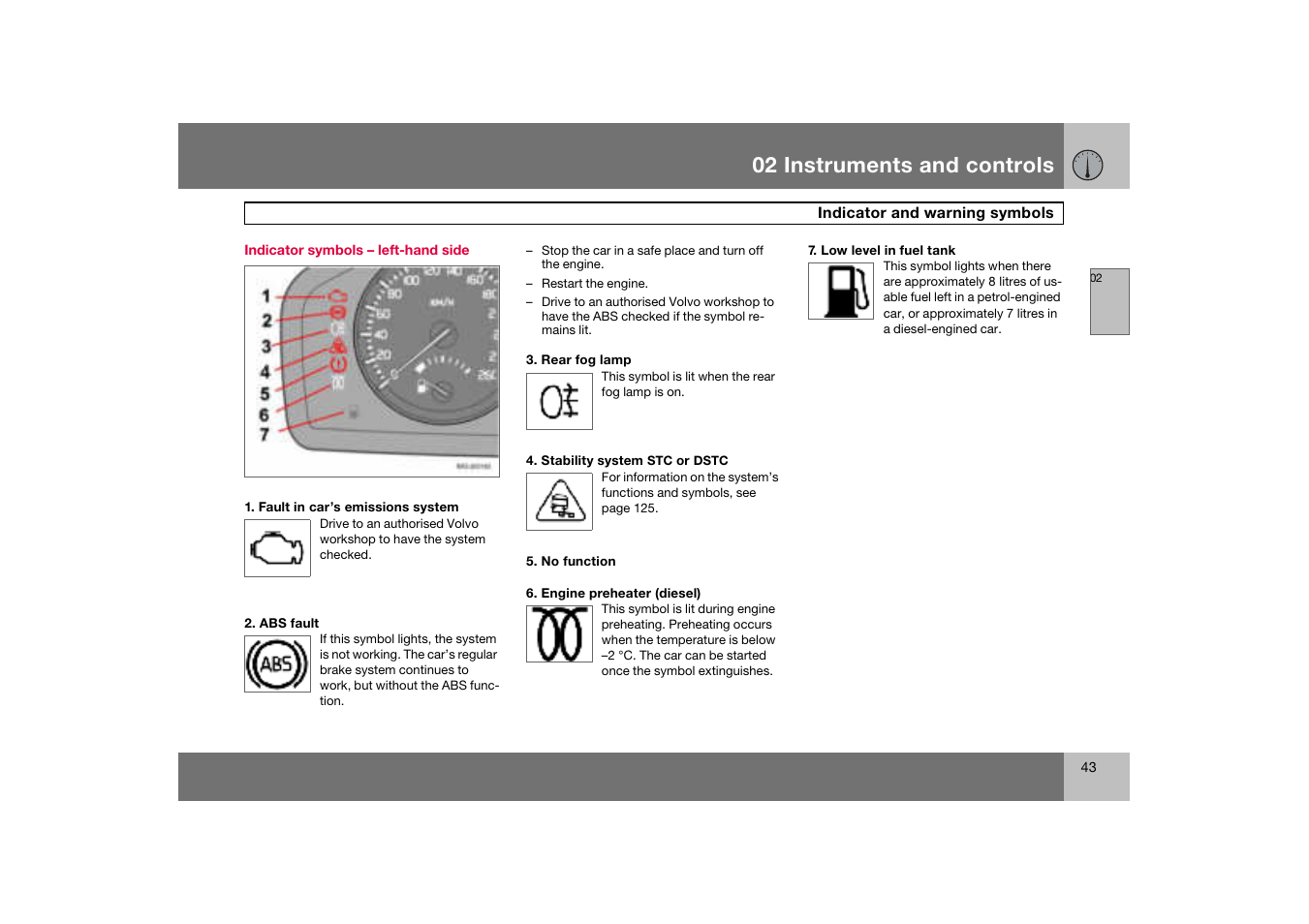 Indicator symbols - left-hand side, 02 instruments and controls | Volvo C70 User Manual | Page 44 / 251