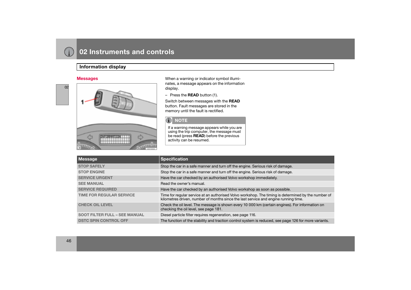 Messages, Information display, 02 instruments and controls | Volvo C70 User Manual | Page 47 / 251