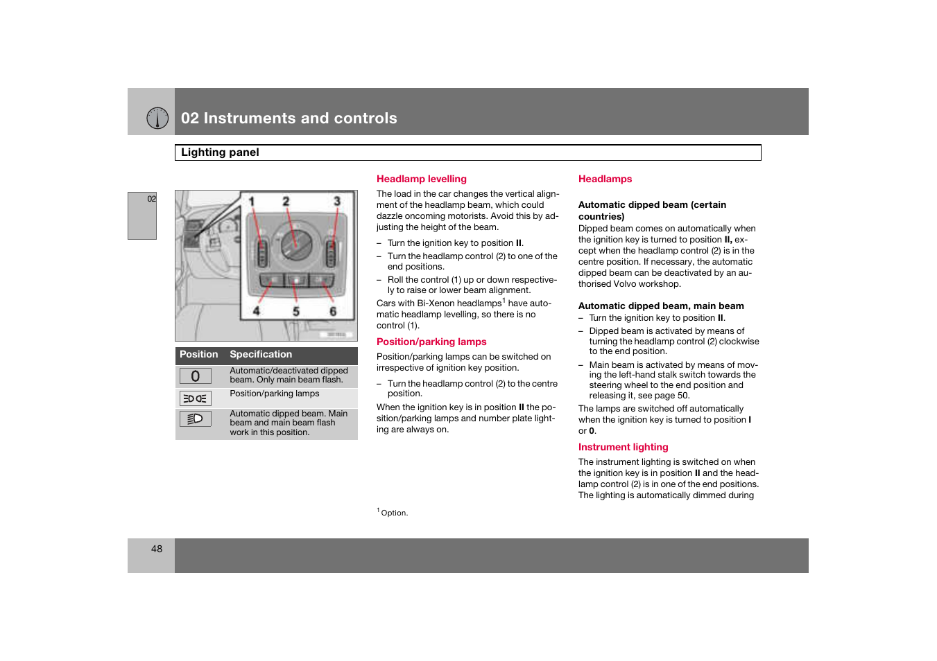 Headlamp levelling, Lighting panel, 02 instruments and controls | Volvo C70 User Manual | Page 49 / 251