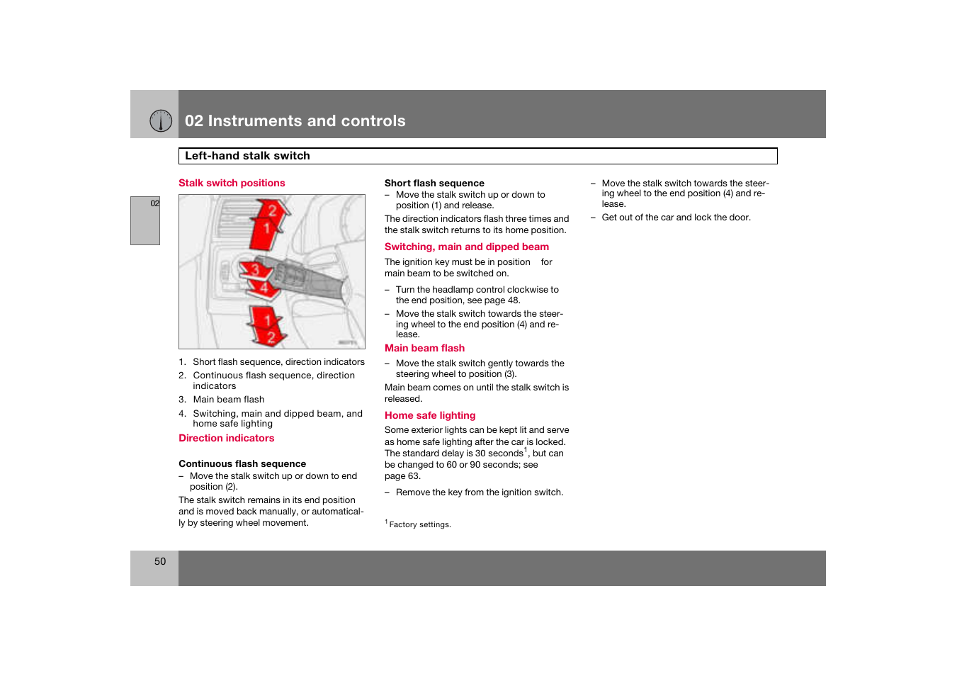 Stalk switch positions, Left-hand stalk switch, 02 instruments and controls | Volvo C70 User Manual | Page 51 / 251