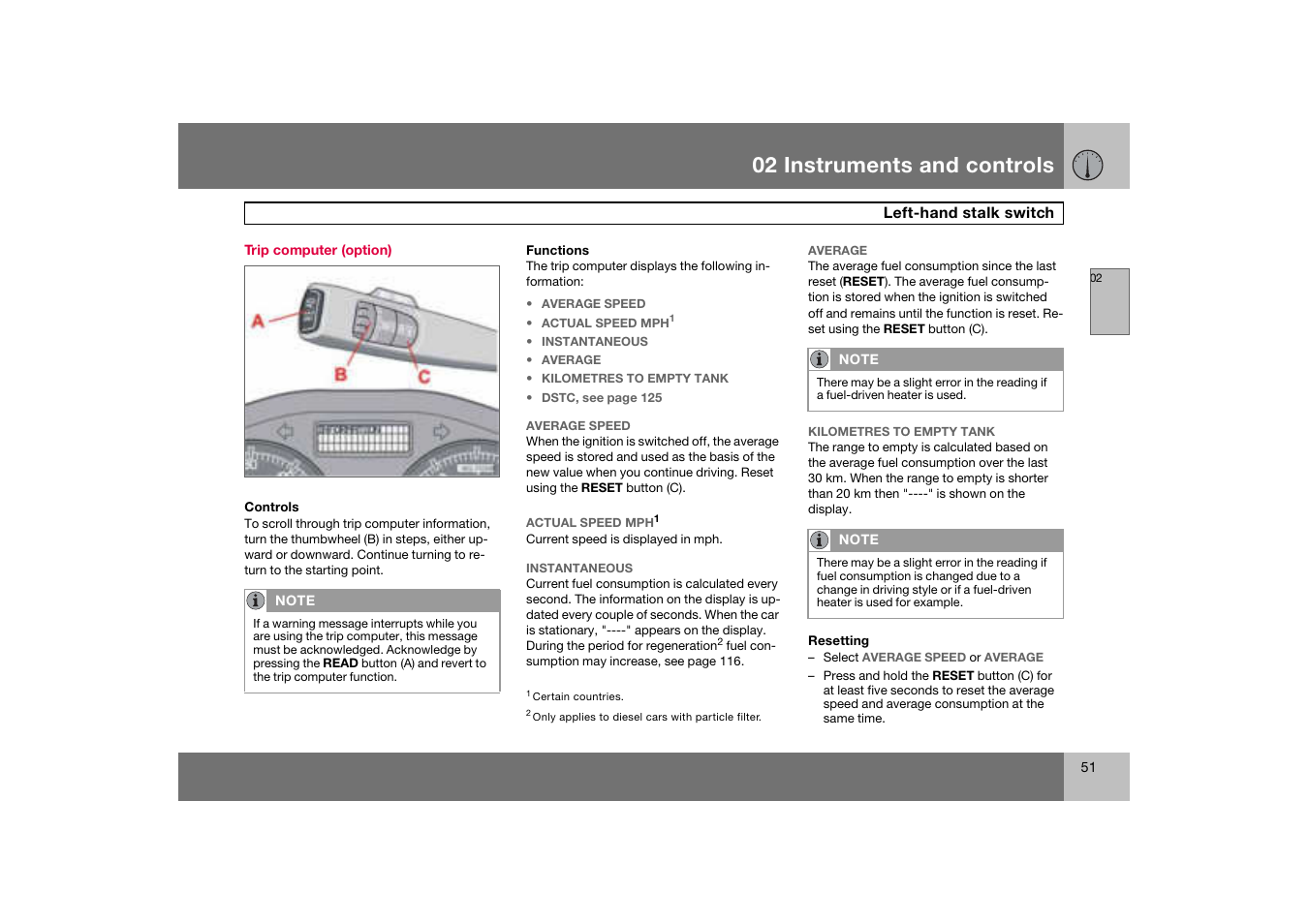 Trip computer (option), 02 instruments and controls | Volvo C70 User Manual | Page 52 / 251