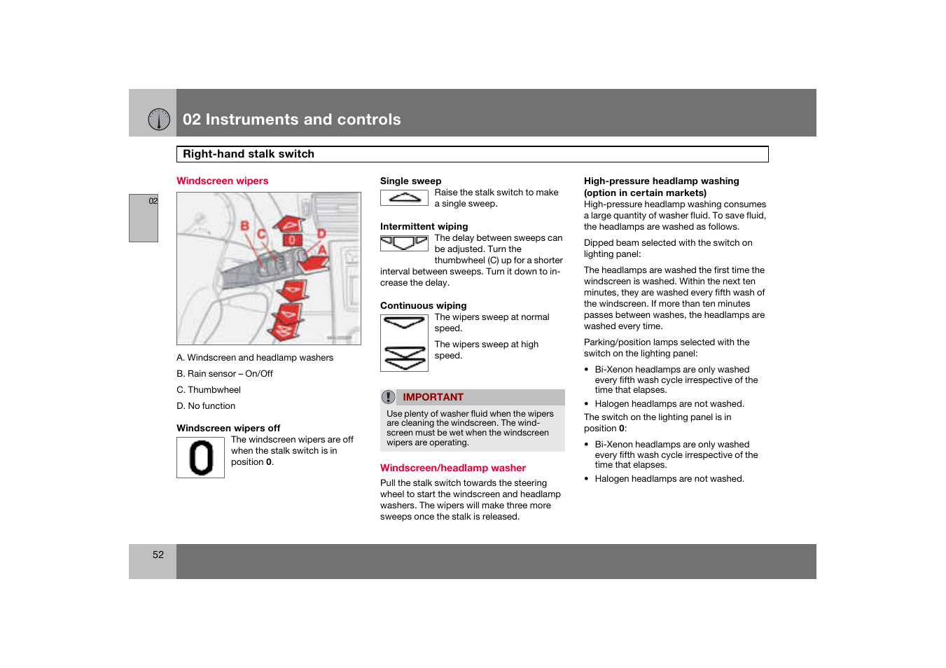 Windscreen wipers, Right-hand stalk switch, 02 instruments and controls | Volvo C70 User Manual | Page 53 / 251