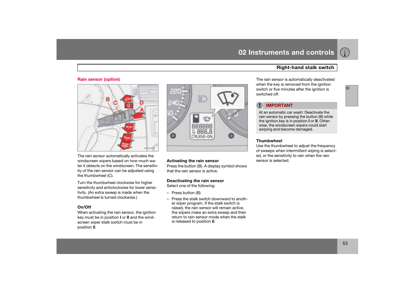 Rain sensor (option), 02 instruments and controls | Volvo C70 User Manual | Page 54 / 251