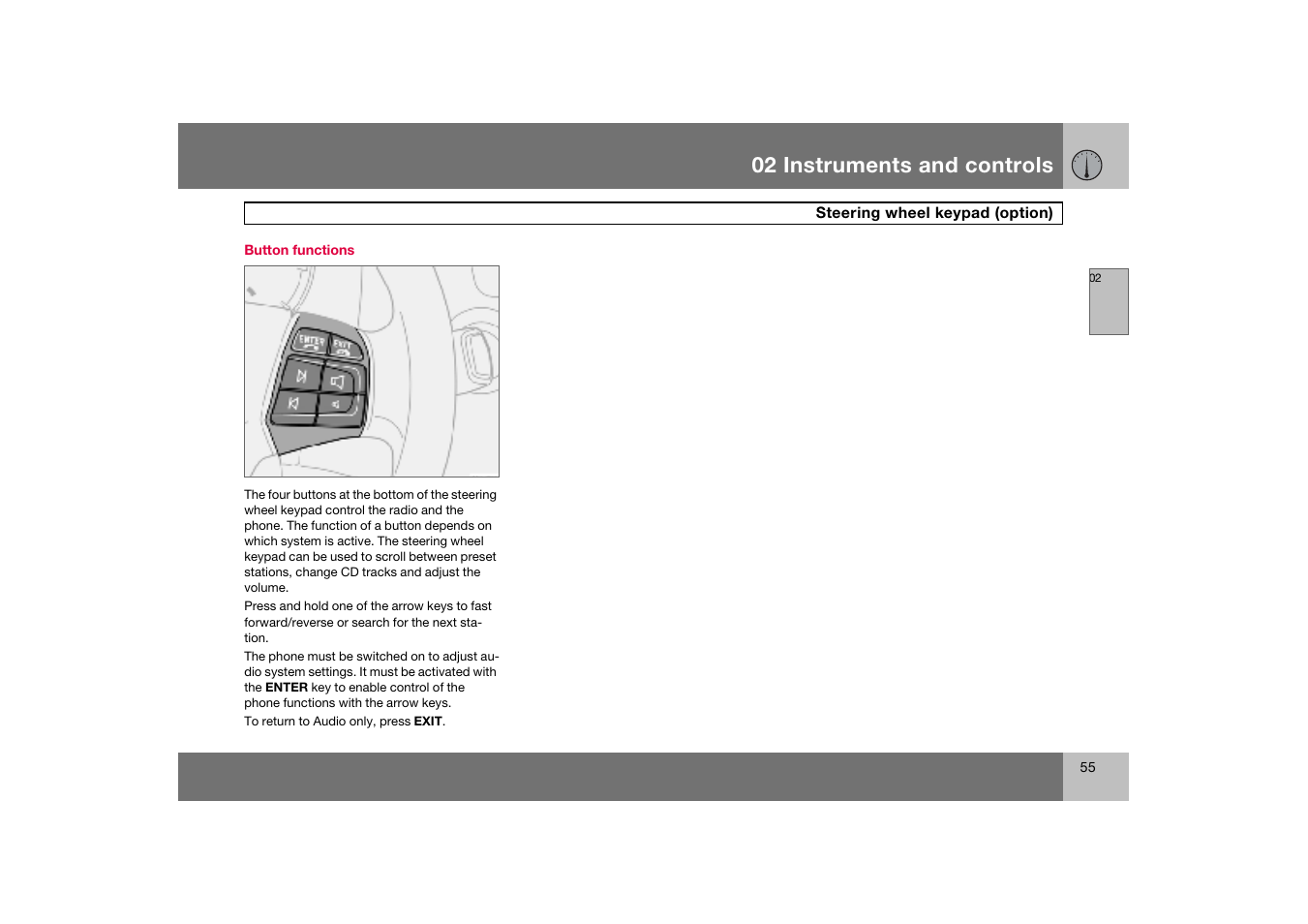 Button functions, Steering wheel keypad (option), 02 instruments and controls | Volvo C70 User Manual | Page 56 / 251