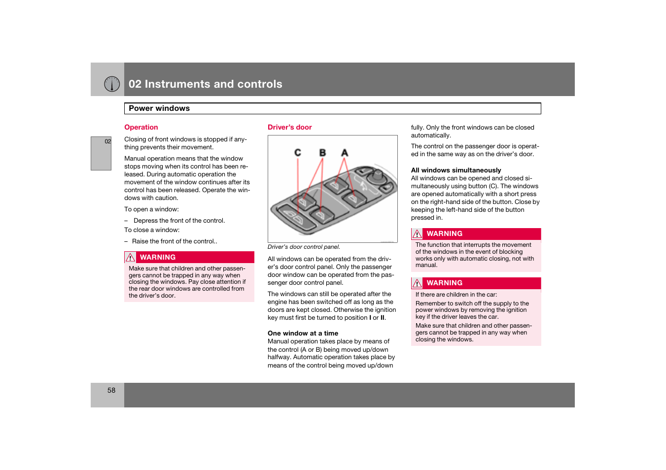 Operation, Power windows, 02 instruments and controls | Volvo C70 User Manual | Page 59 / 251