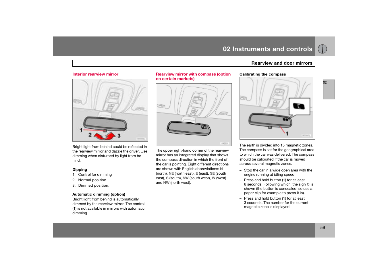 Interior rearview mirror, Rearview and door mirrors, 02 instruments and controls | Volvo C70 User Manual | Page 60 / 251