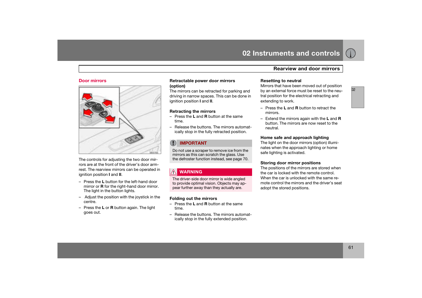 Door mirrors, 02 instruments and controls | Volvo C70 User Manual | Page 62 / 251