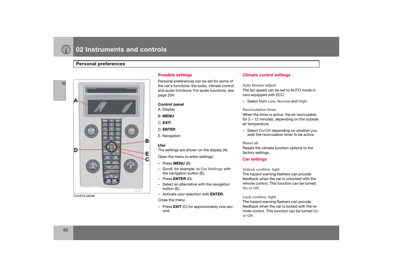 Possible settings, Personal preferences, 02 instruments and controls | Volvo C70 User Manual | Page 63 / 251