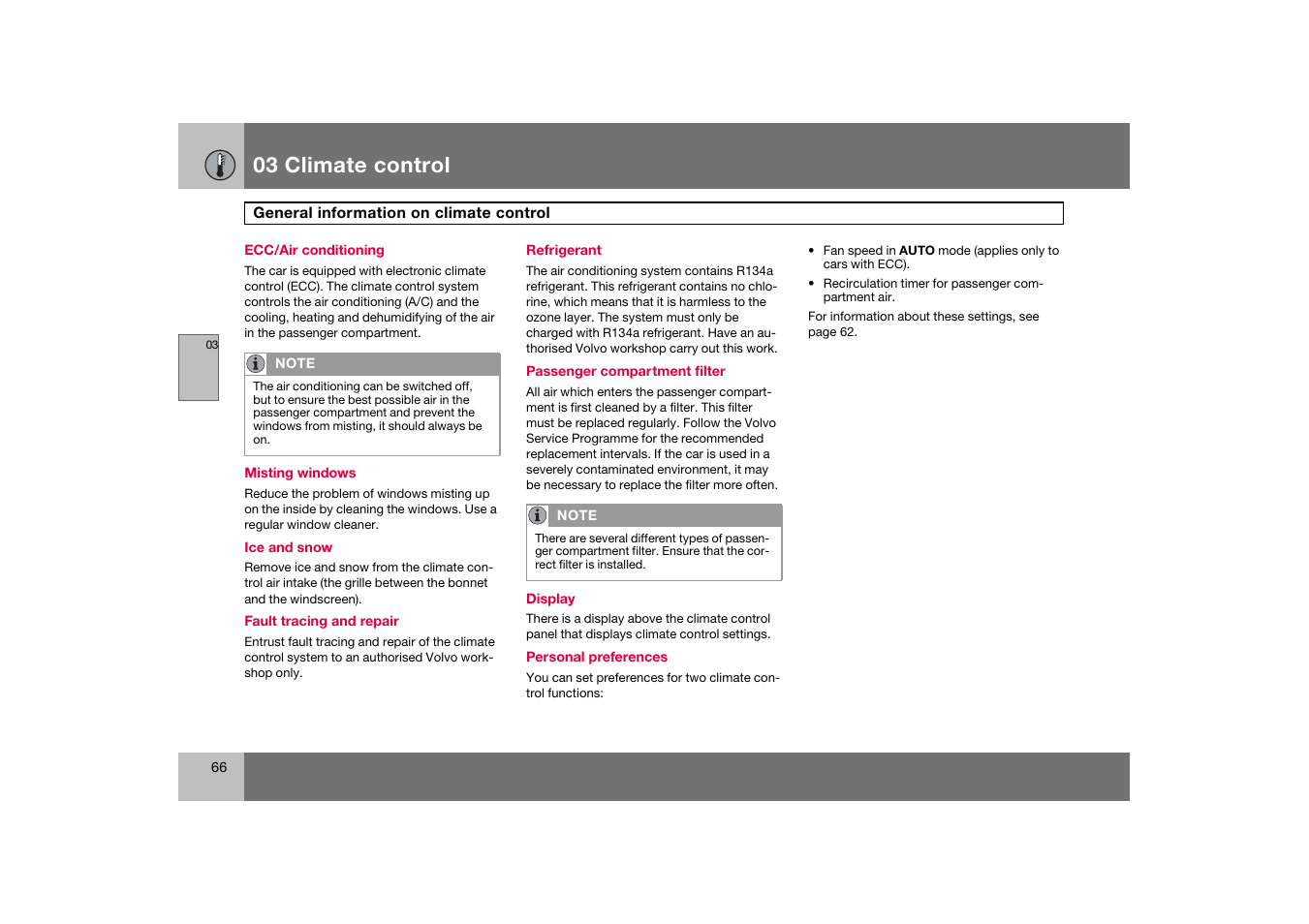 Ecc/air conditioning, General information on climate control, 03 climate control | Volvo C70 User Manual | Page 67 / 251