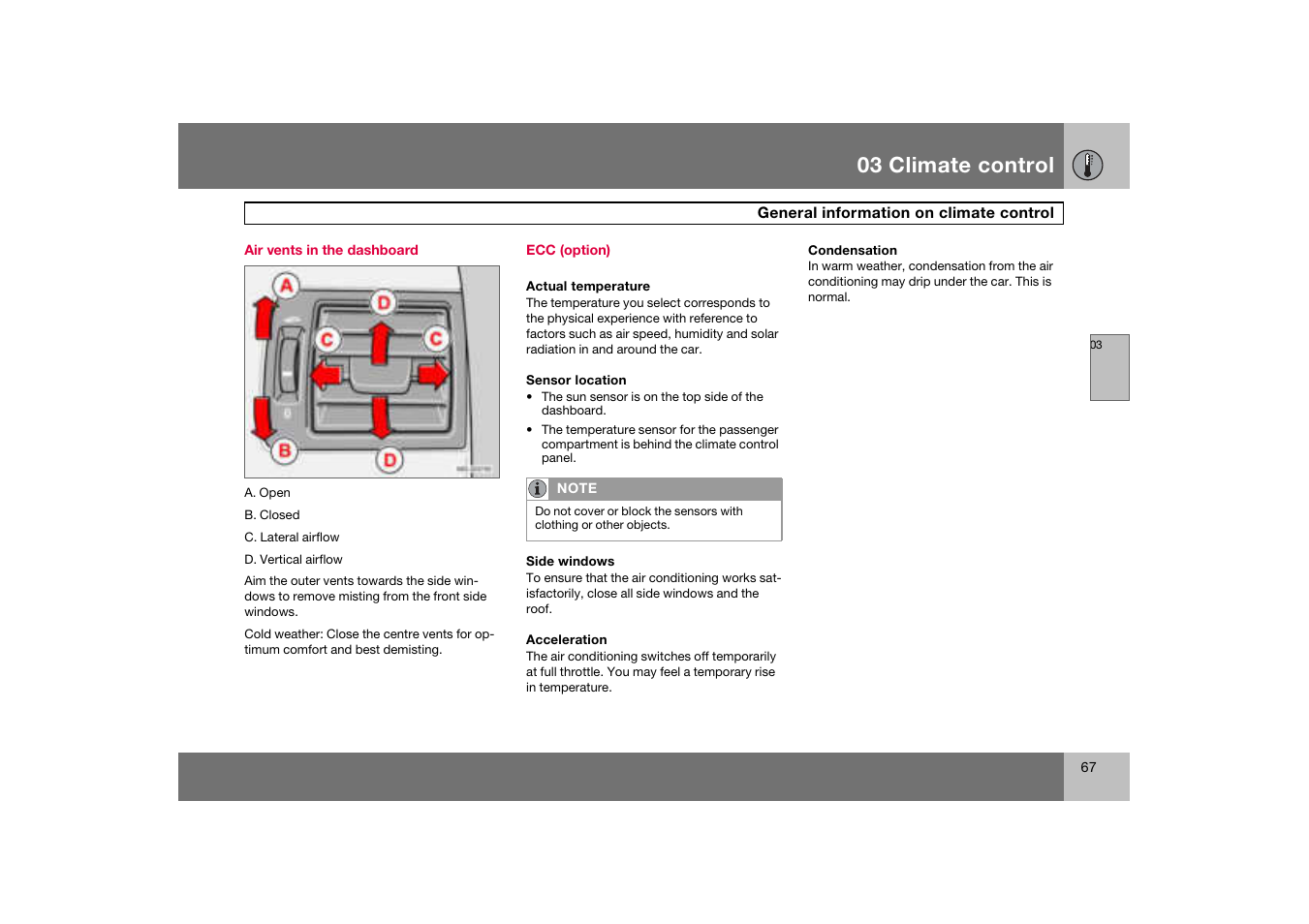 Air vents in the dashboard, Ecc (option), 03 climate control | Volvo C70 User Manual | Page 68 / 251