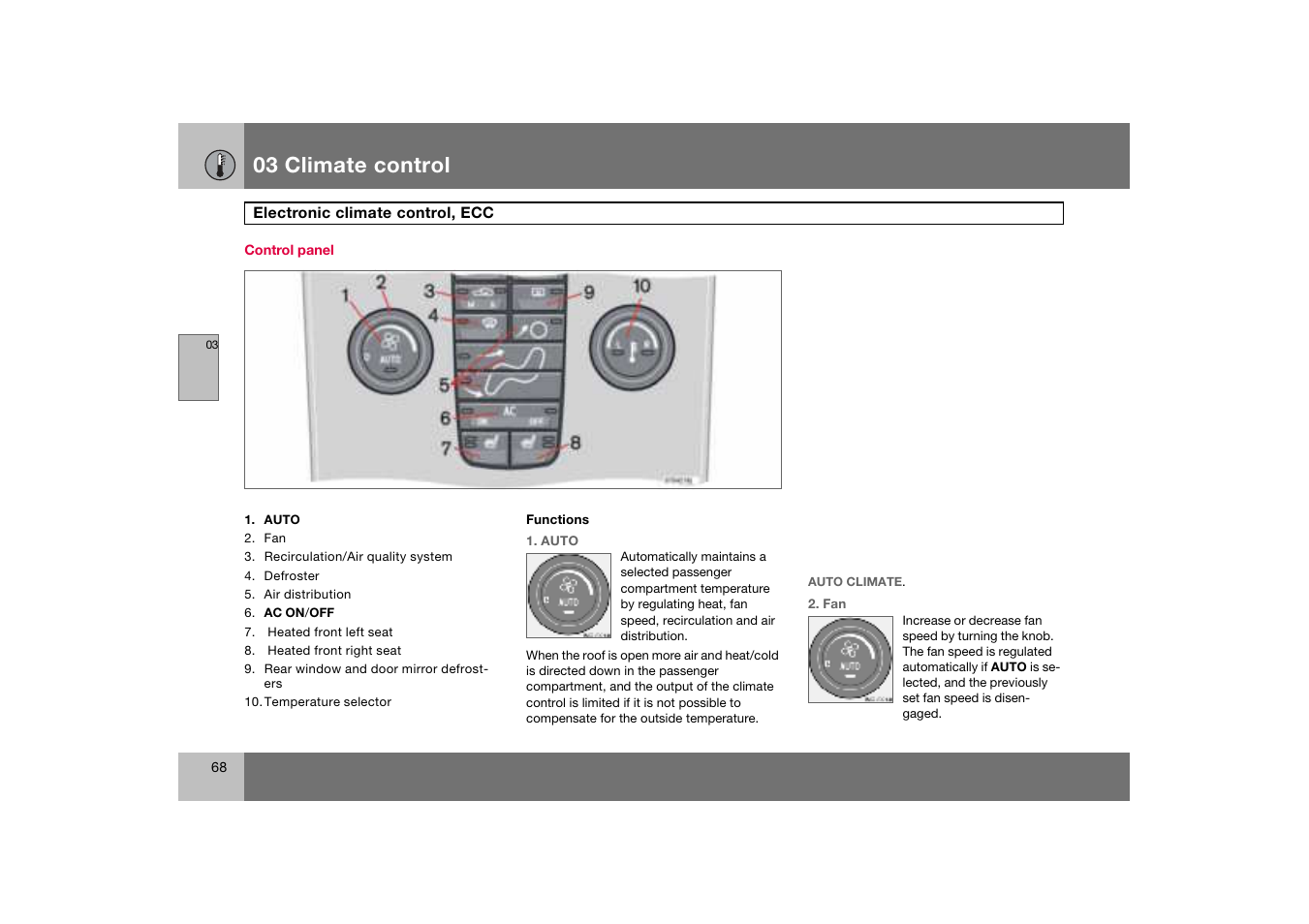 Control panel, Electronic climate control, ecc, 03 climate control | Volvo C70 User Manual | Page 69 / 251