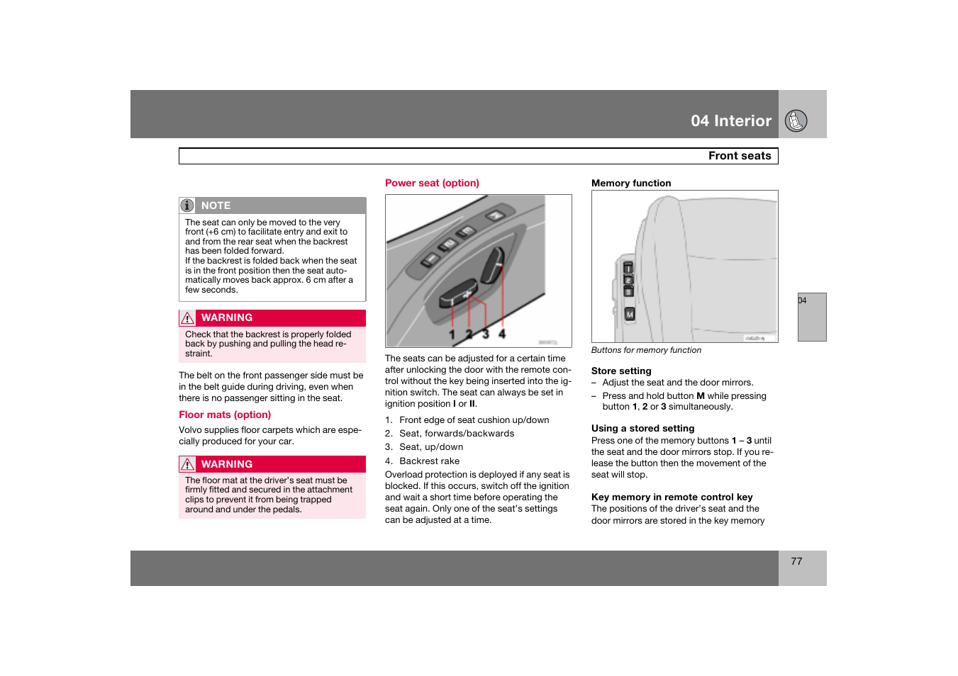 Power seat (option), 04 interior | Volvo C70 User Manual | Page 78 / 251