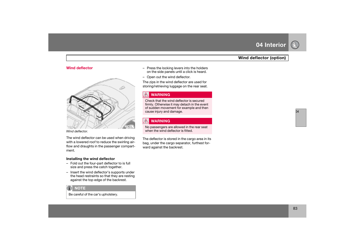 Wind deflector, Wind deflector (option), 04 interior | Volvo C70 User Manual | Page 84 / 251