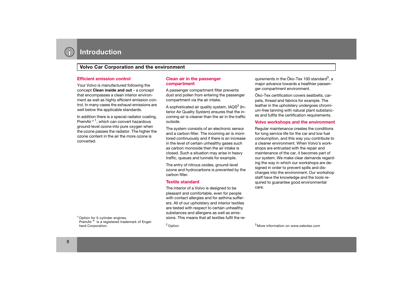 Efficient emission control, Clean air in the passenger compartment, Introduction | Volvo C70 User Manual | Page 9 / 251