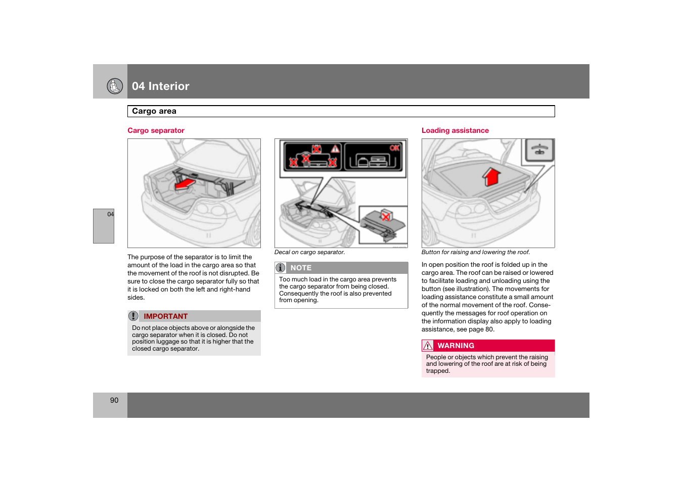 Cargo separator, Loading assistance, Cargo area | 04 interior | Volvo C70 User Manual | Page 91 / 251