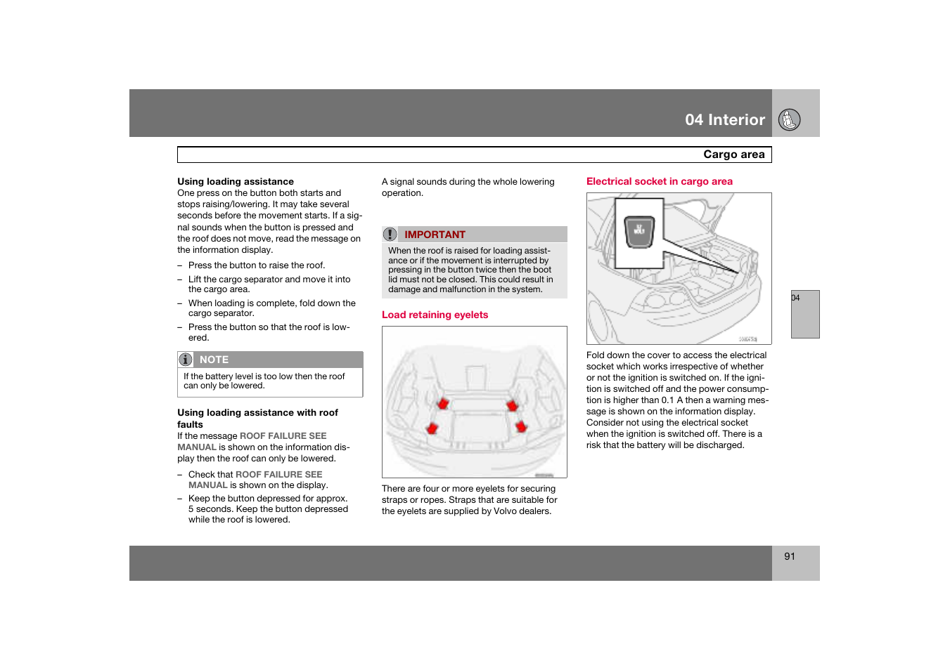 Electrical socket in cargo area, 04 interior | Volvo C70 User Manual | Page 92 / 251