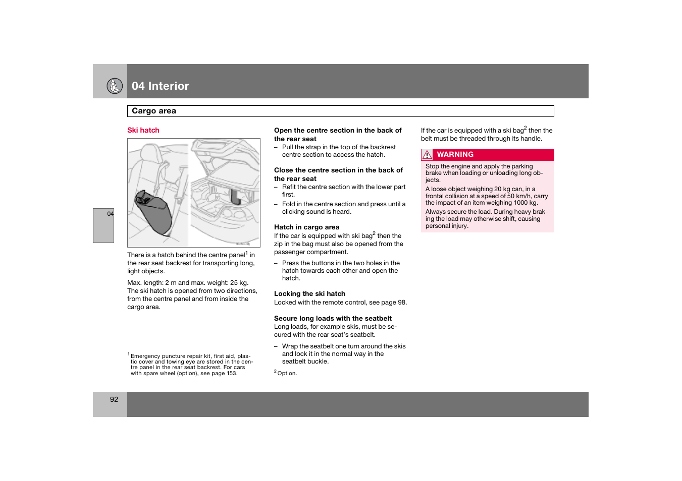 Ski hatch, 04 interior | Volvo C70 User Manual | Page 93 / 251