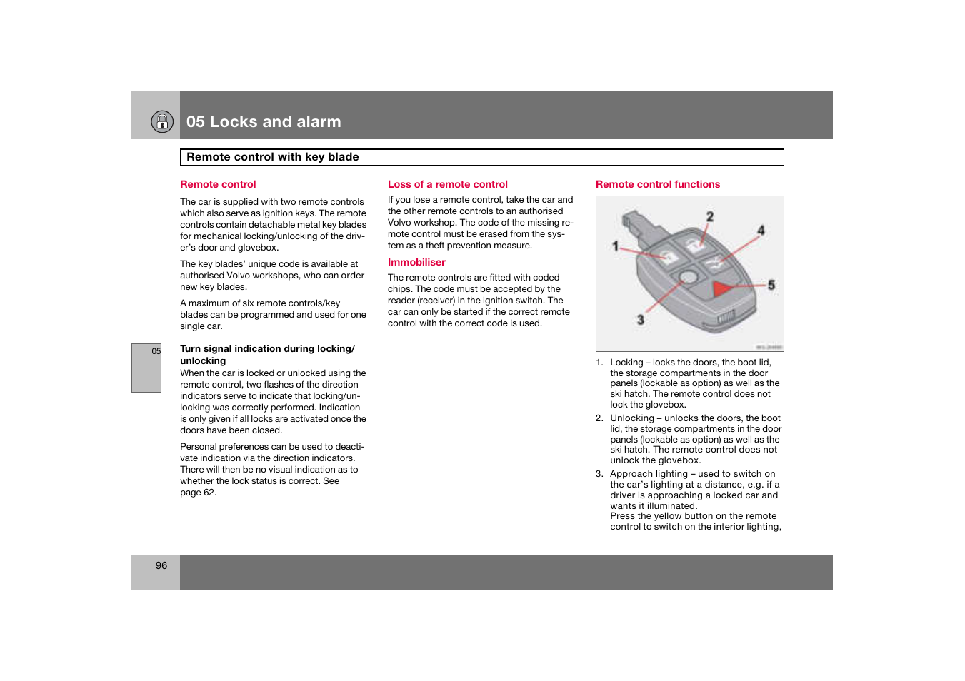 Remote control, Remote control functions, Remote control with key blade | 05 locks and alarm | Volvo C70 User Manual | Page 97 / 251