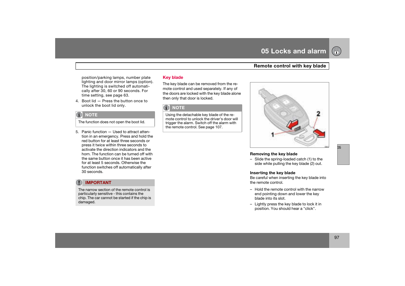 Key blade, 05 locks and alarm | Volvo C70 User Manual | Page 98 / 251