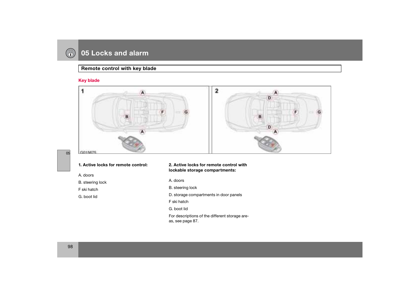 Key blade, 05 locks and alarm | Volvo C70 User Manual | Page 99 / 251