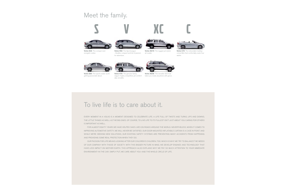 Sv xc c, Meet the family. to live life is to care about it | Volvo S60 User Manual | Page 41 / 44