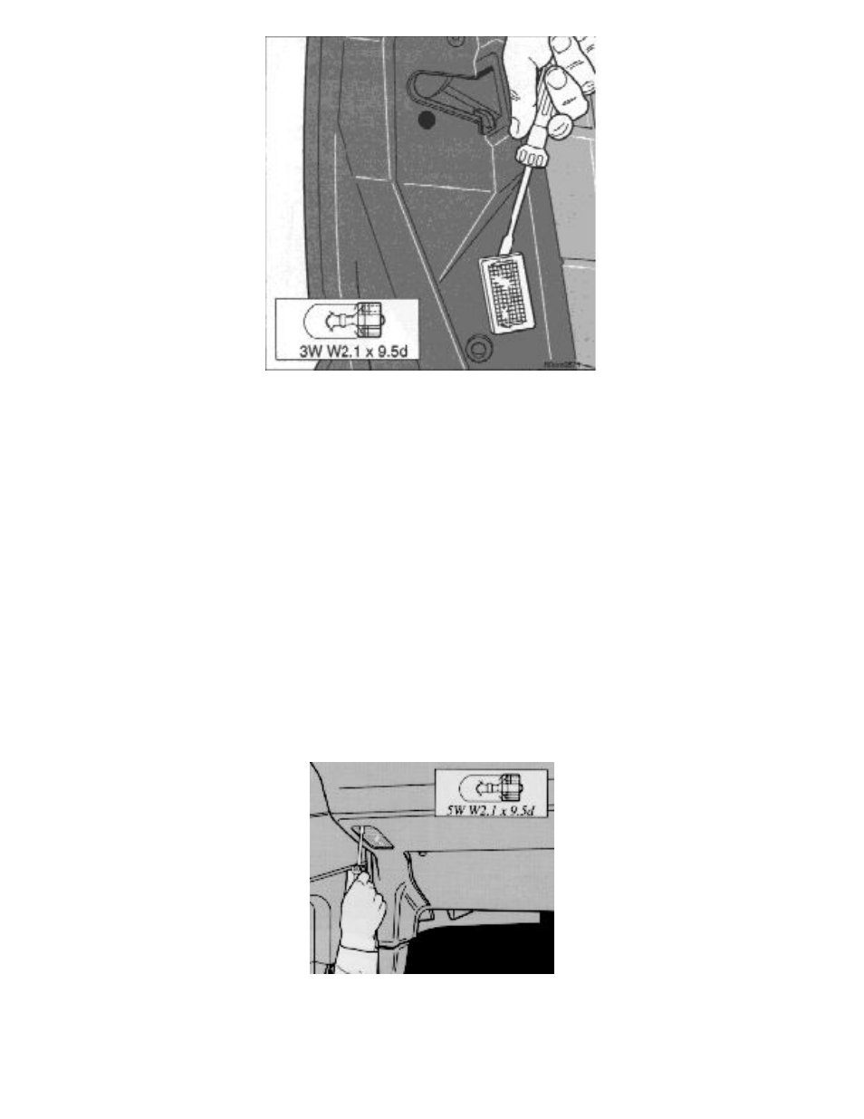 Door warning lights front, Slide the lamp unit upward and lift it out, Twist off the bulb holder | Pull the bulb straight out, Replace the bulb | Volvo 850 User Manual | Page 155 / 201
