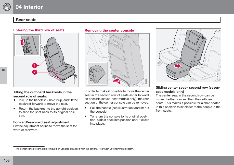 04 interior, Rear seats | Volvo XC90 User Manual | Page 108 / 302