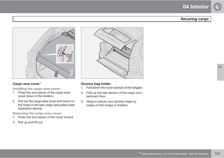 04 interior, Securing cargo | Volvo XC90 User Manual | Page 121 / 302