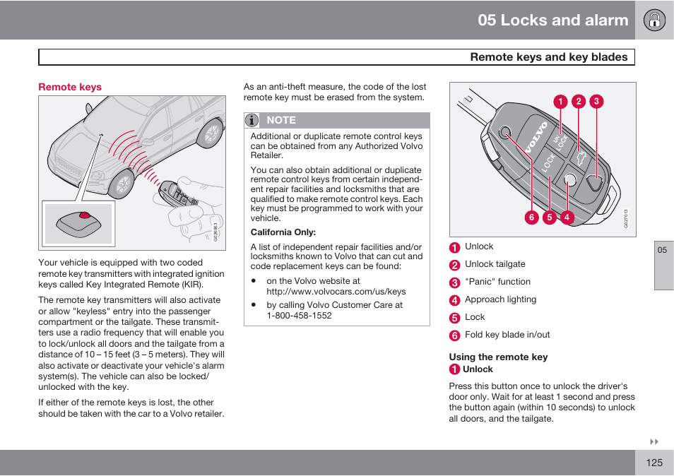 05 locks and alarm | Volvo XC90 User Manual | Page 125 / 302