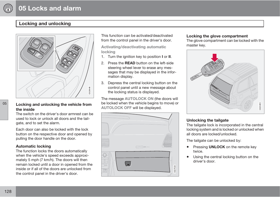 05 locks and alarm, Locking and unlocking | Volvo XC90 User Manual | Page 128 / 302