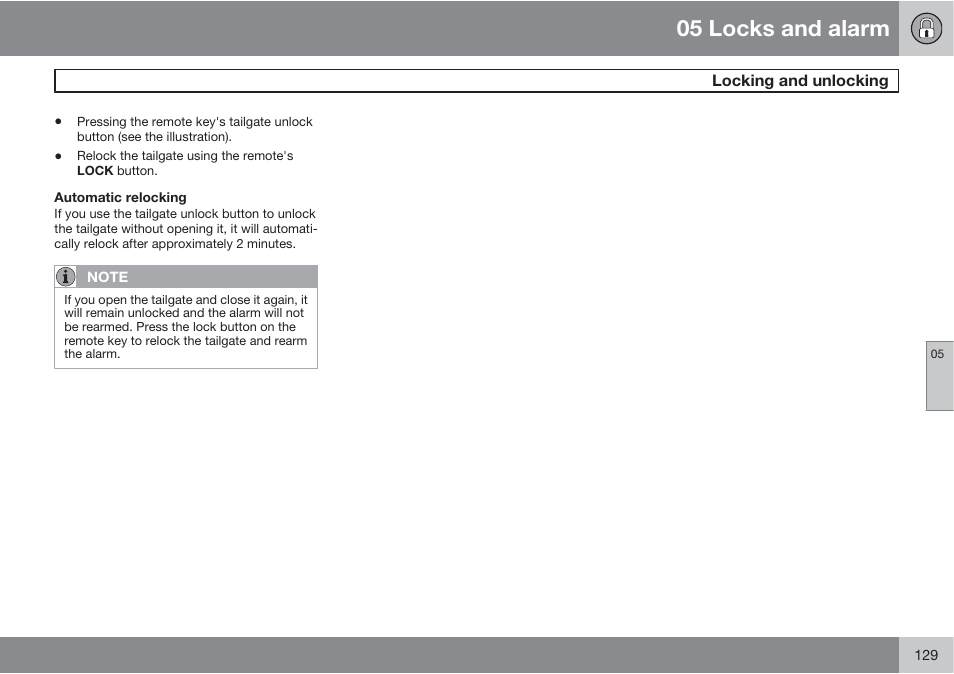 05 locks and alarm | Volvo XC90 User Manual | Page 129 / 302