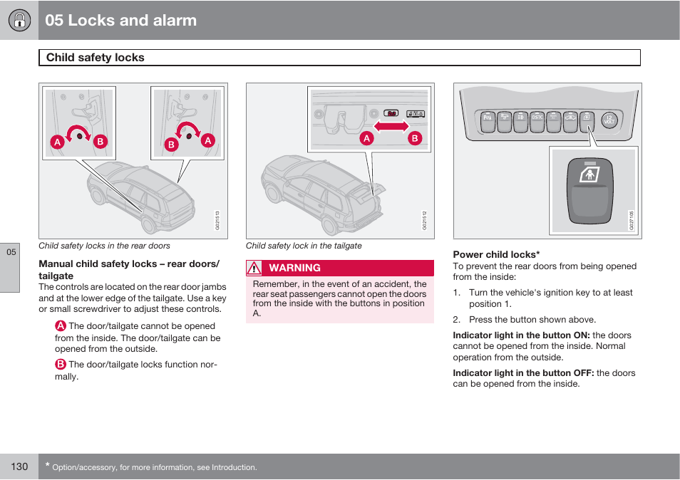 05 locks and alarm, Child safety locks | Volvo XC90 User Manual | Page 130 / 302