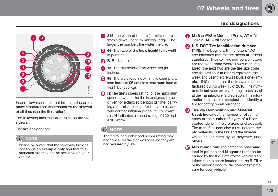 07 wheels and tires, Tire designations | Volvo XC90 User Manual | Page 179 / 302