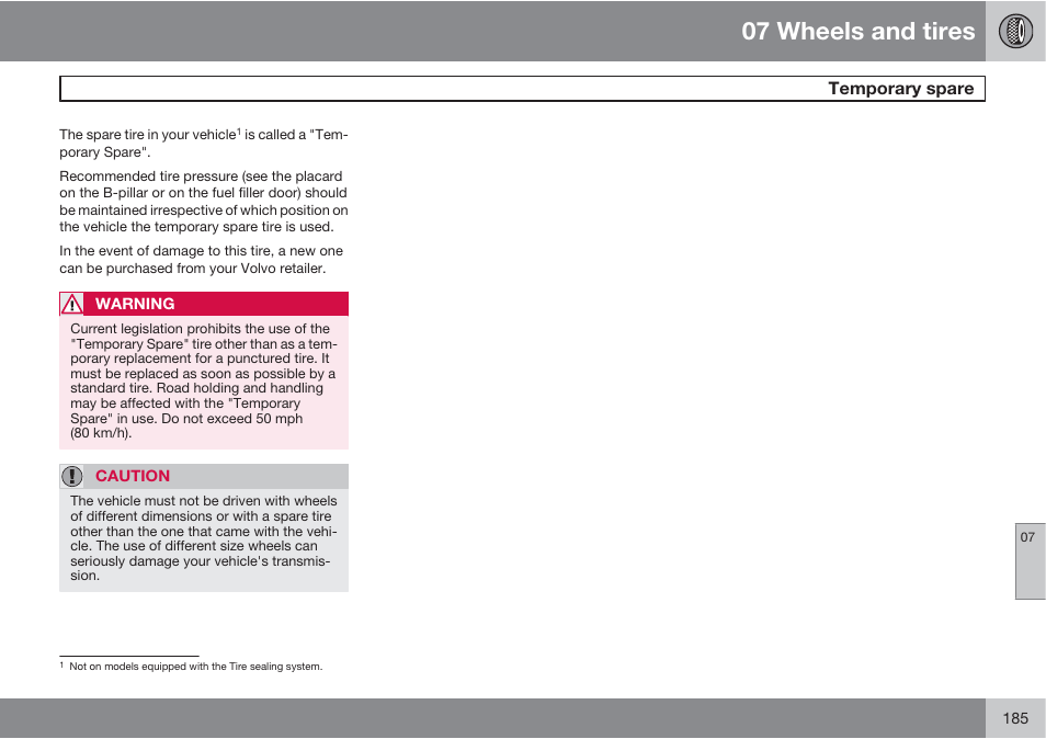 07 wheels and tires, Temporary spare | Volvo XC90 User Manual | Page 185 / 302