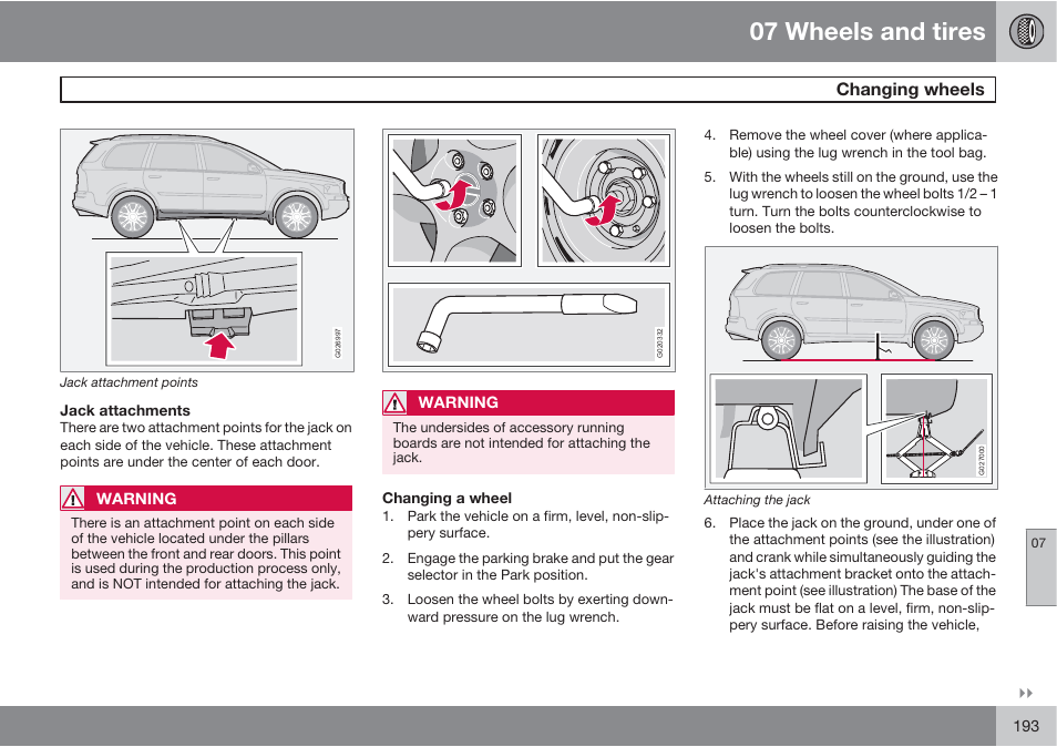 07 wheels and tires, Changing wheels | Volvo XC90 User Manual | Page 193 / 302